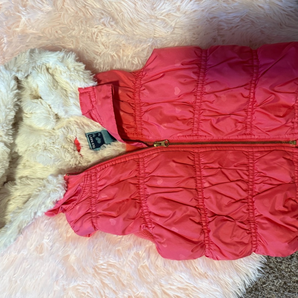 Old Navy Bright Pink Puffer Vest with Faux Fur Hood